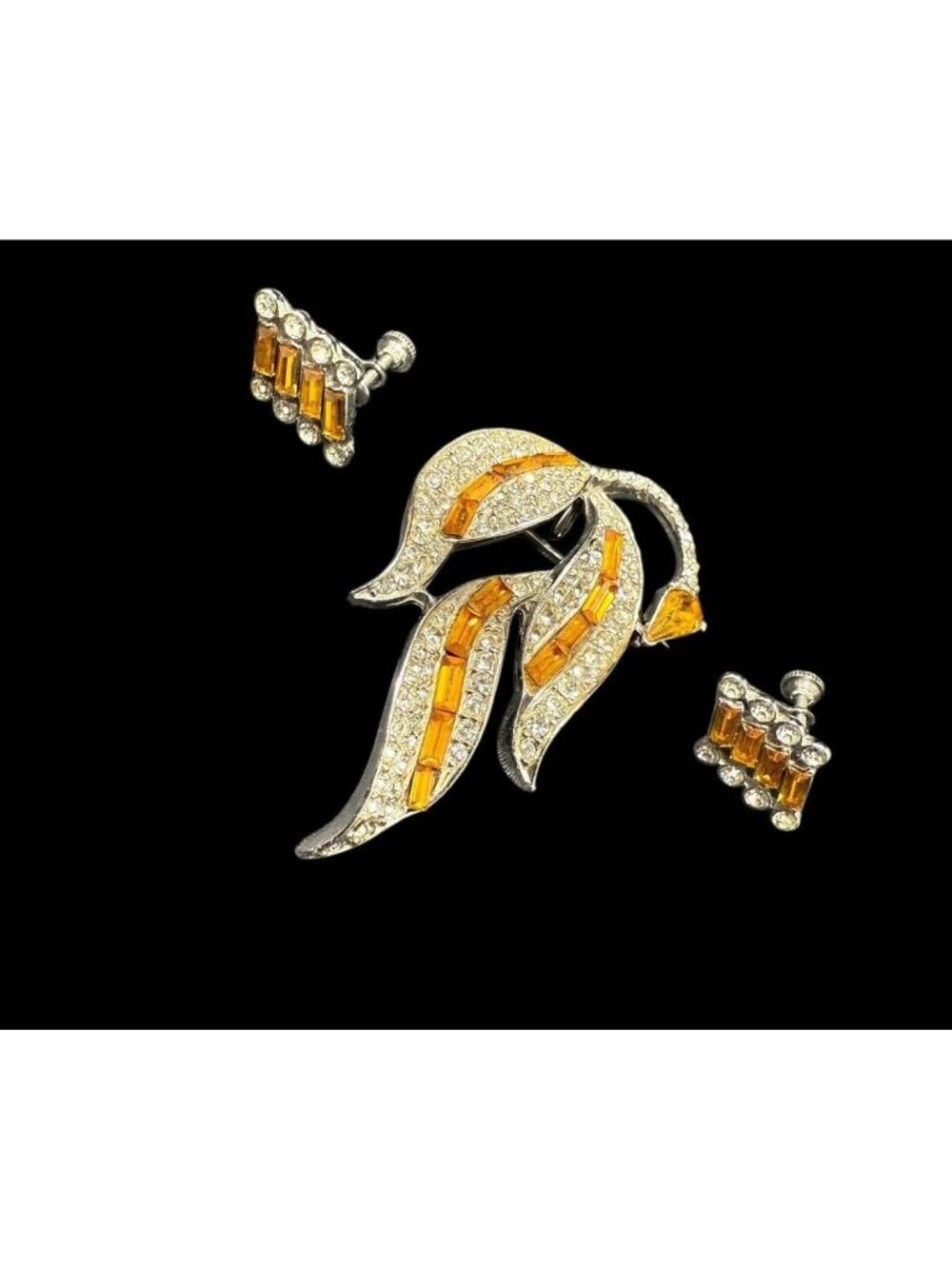 Vintage Jewelry Set Brooch Pendant Earrings Clear Orange Baguette Crystal Silver